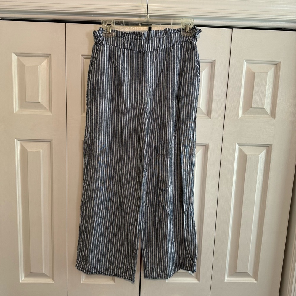 LAUNDRY blue and white striped linen blend elastic waist wide leg pants, Size M.